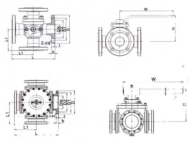 法蘭連接四通球閥結(jié)構(gòu)圖